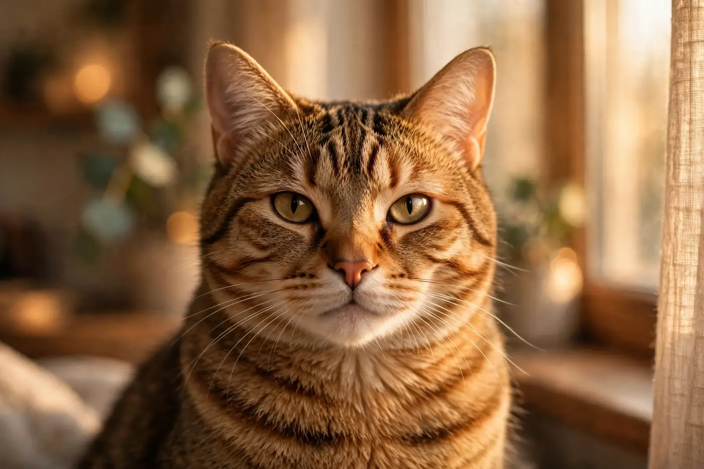 A calm tabby cat in warm light