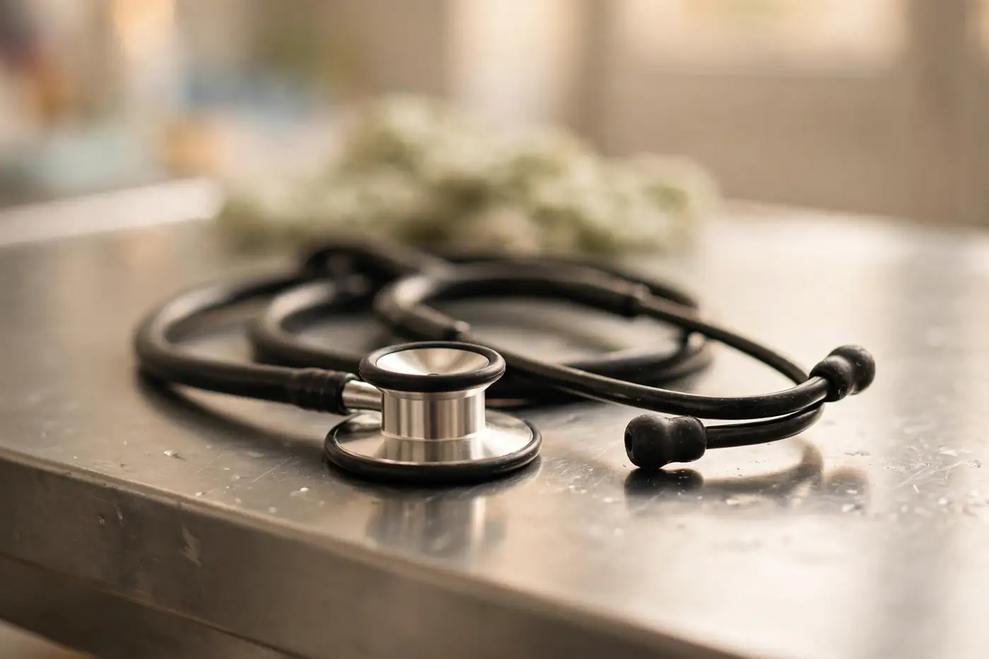 A stethoscope resting on a clean veterinary exam table