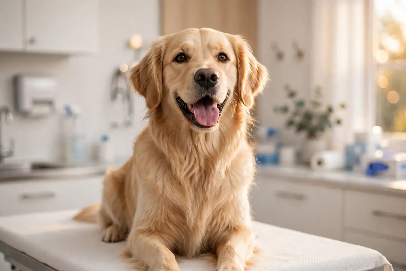 A golden retriever sitting in a bright veterinary exam room